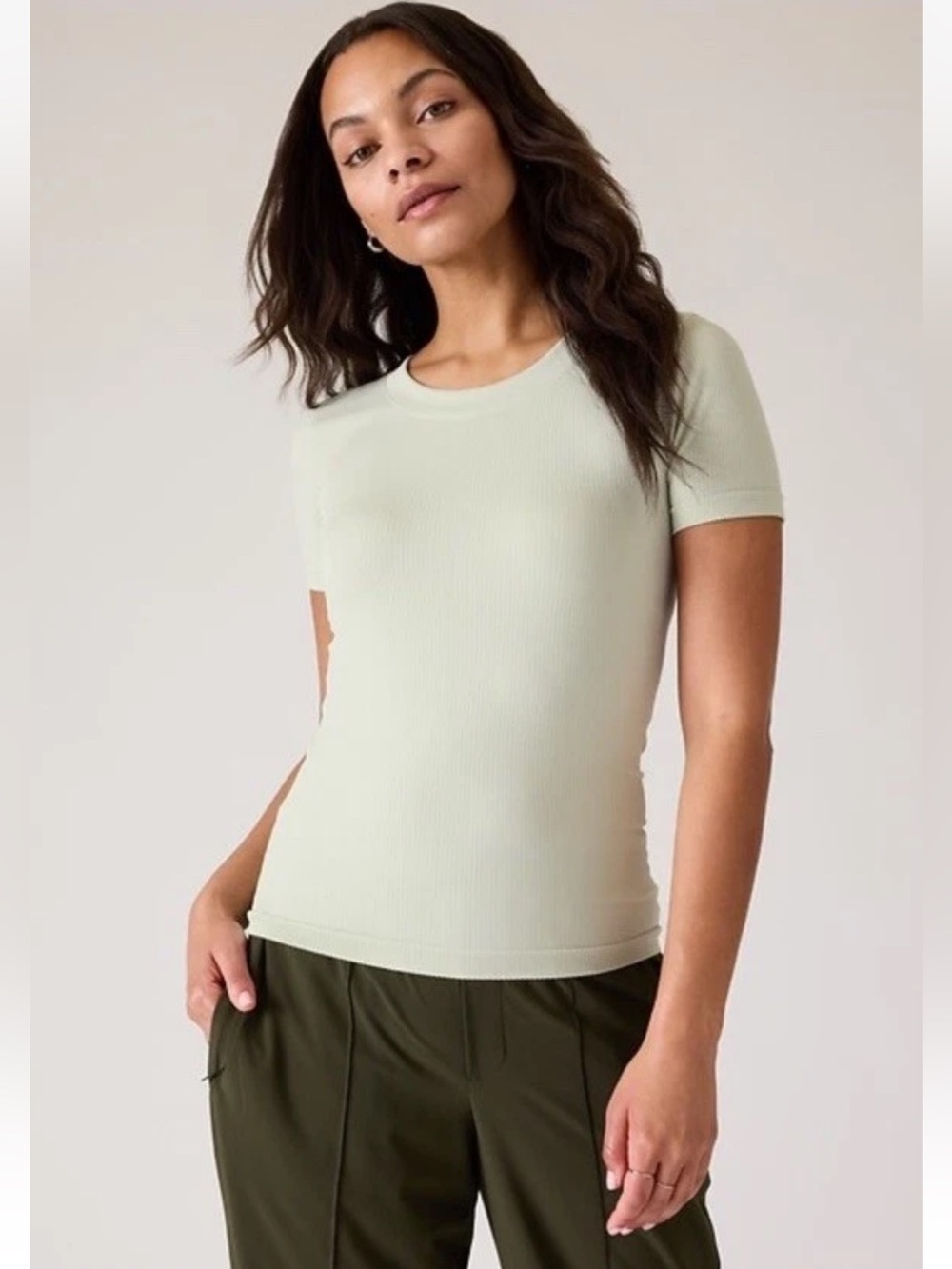 Athleta renew seamless ribbed Short Sleeve Crewneck Top celadon tint small